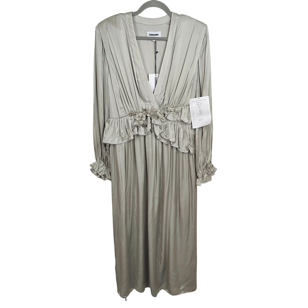 Saint Art Mateo Dress Womens Small‎ Pumice Gray Plunge Satin Ruffle Trim NWT - Picture 2 of 8
